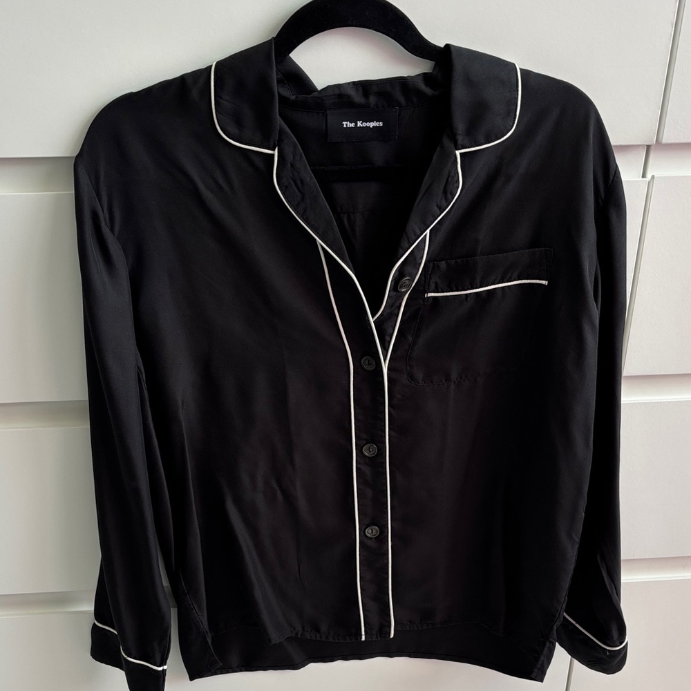The Kooples Black Button-Down Satin Top with White Piping